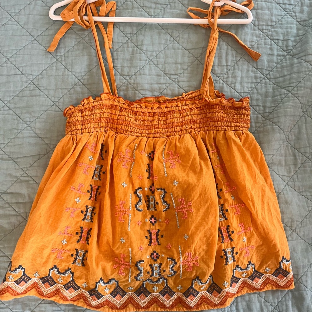 Anthropologie Mustard Smocked Top